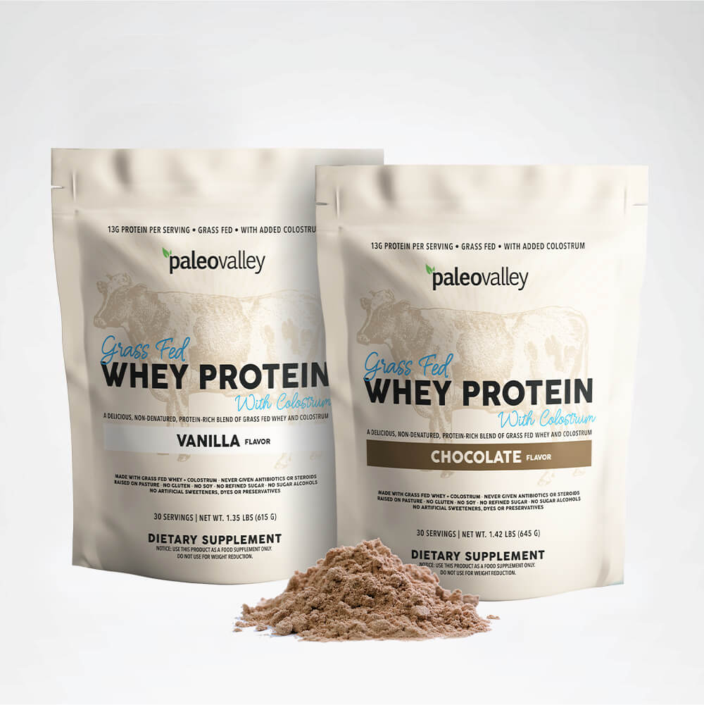 Paleo Valley's 100% Grass Fed Whey Protein with Colostrum - Indulge in Chocolate or Vanilla!