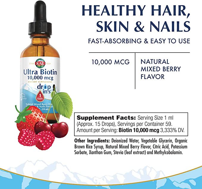 KAL Ultra Biotin Drops - 10,000 mcg with Natural Mixed Berry Flavor