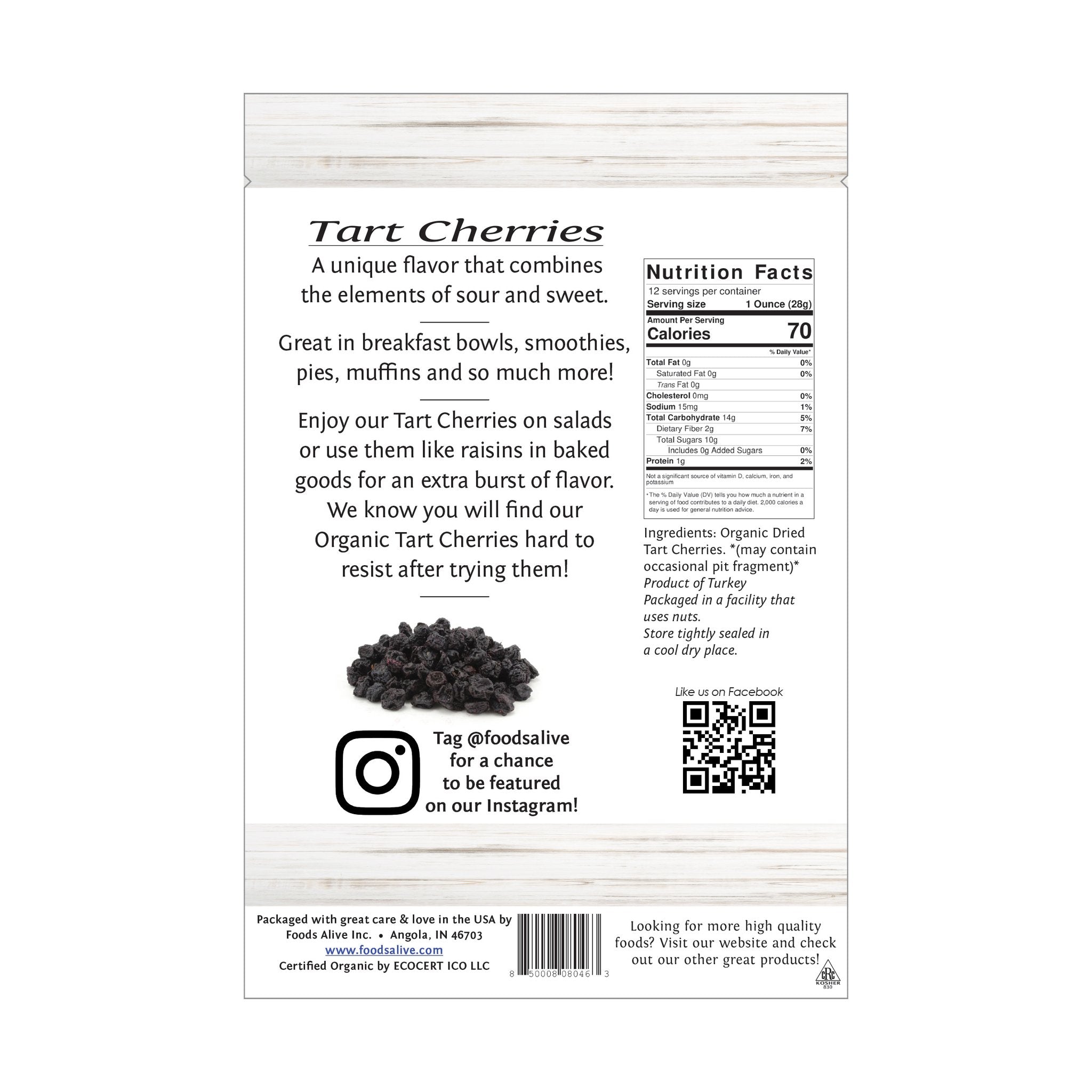 Delicious 12 oz Certified Organic Tart Cherries by Foods Alive