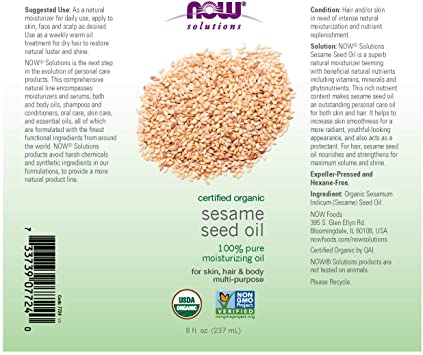 NOW Real Foods 8 oz 100% Pure Organic Sesame Seed Oil - Nourish Your Skin and Hair!