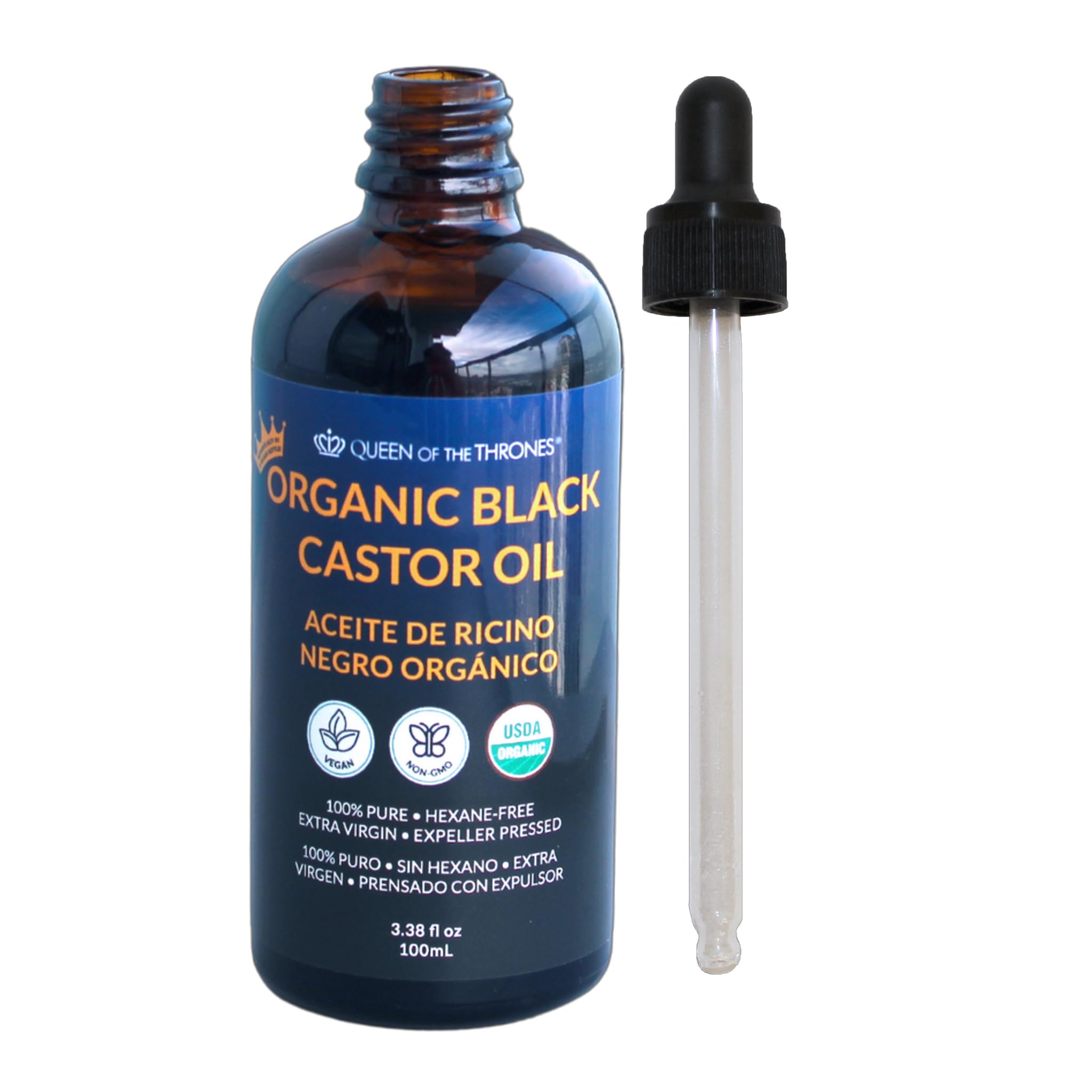Queen Of The Thrones Organic Black Castor Oil - 3.38 fl oz (100 ml) Pure Elixir for Hair and Skin