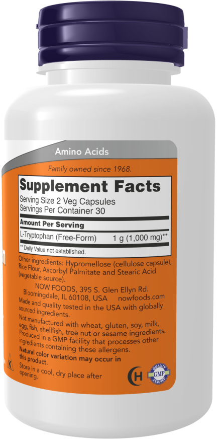 NOW Foods L-Tryptophan 500mg - 60 Vegetarian Capsules for Relaxation and Well-being