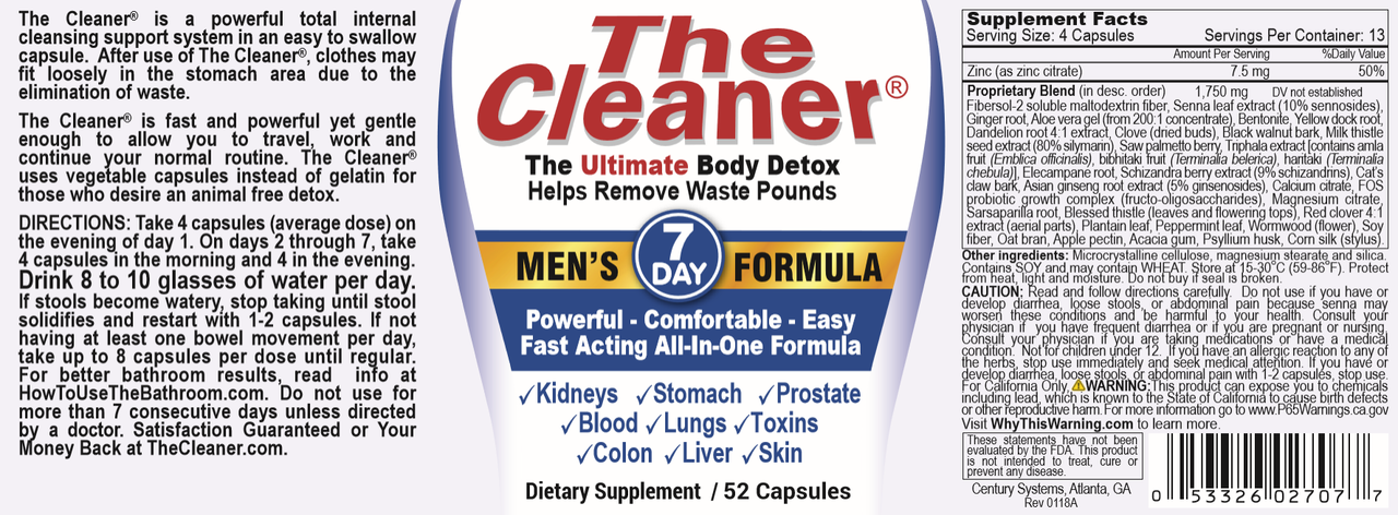 Century Systems' The Cleaner - 7-Day Detox for Men - 52 Vegetarian Capsules