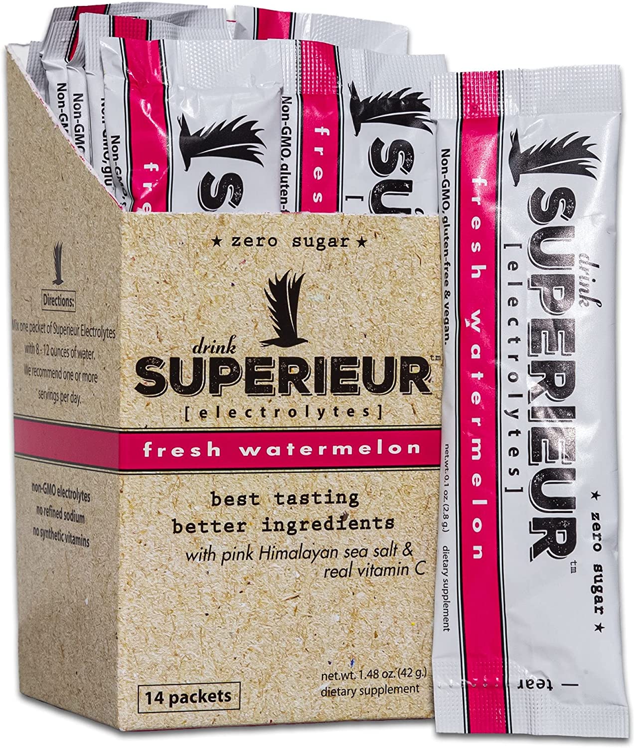 Superieur Fresh Watermelon Electrolyte Powder - 14 Single-Serving Packets with Pink Himalayan Salt & Real Vitamin C