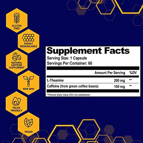 Smart Caffeine 60 Vegetarian Capsules - No Crash, Natural Energy Boost with L - Theanine by Natural Stacks