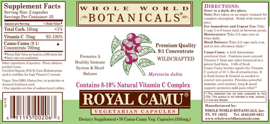 Premium Royal Camu Light 70 Vegetarian Capsules - 9:1 Concentrate by Whole World Botanicals