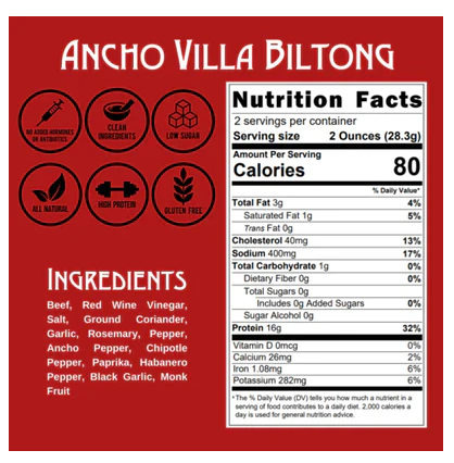 Ancho Villa Biltong 2 oz - Aged Dried Beef - Righteous Felon: A Spicy Protein Delight